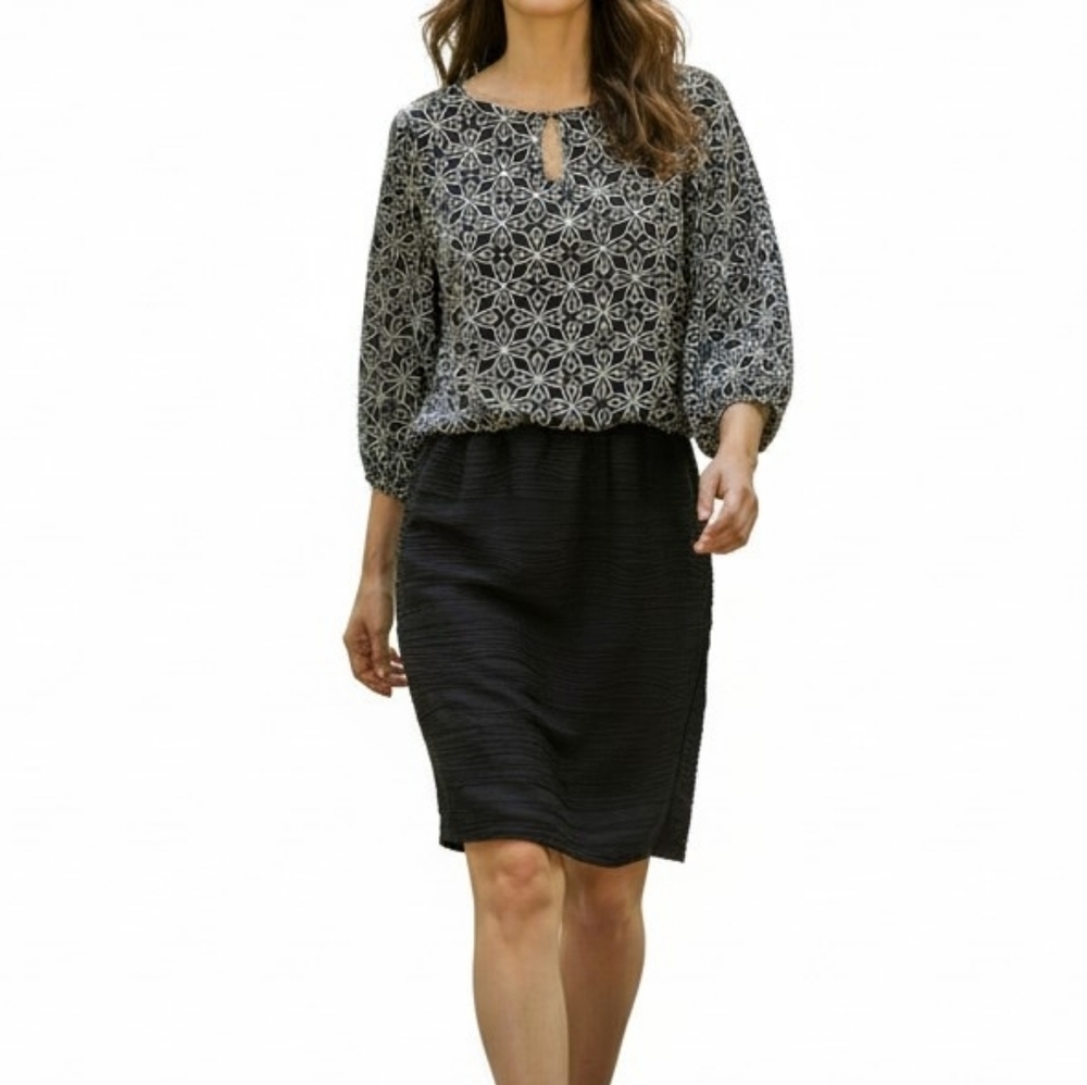 Danny & Nicole Blouson Dress Size 16 Black White Front Keyhole Dolman Lined